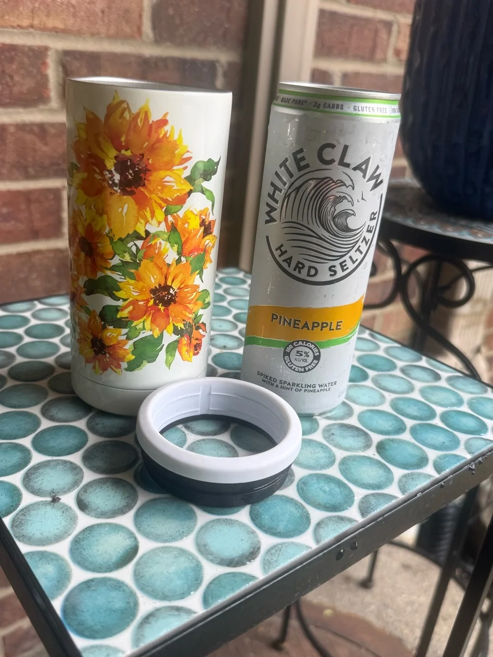 White Sunflower Slim Can Cooler - Insulated Floral Beverage Holder..12 OZ